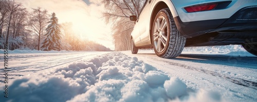 Modern car driving on a snowy road in a sunny winter day photo