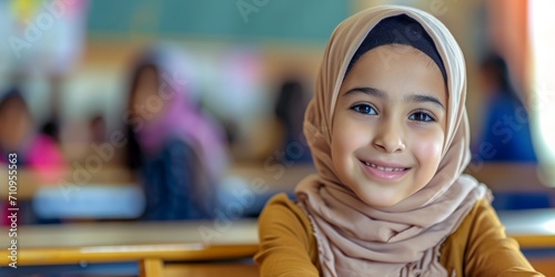 Fotografia smiling arab girl at her desk at school Generative AI