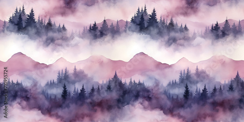 Seamless pattern with mountains and pine trees in purple and white colors. Hand drawn watercolor mountain landscape seamless border. For print, graphic design, postcard, wallpaper, wrapping paper