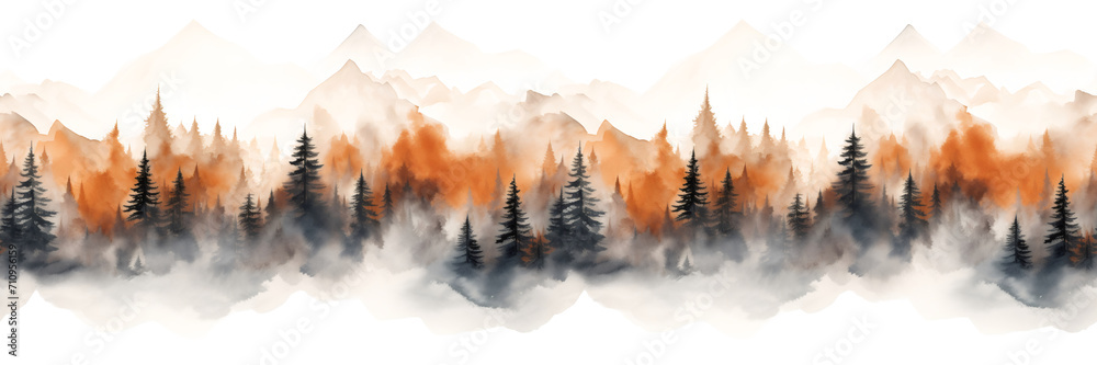 Seamless border with hand painted watercolor mountains and pine trees. Seamless pattern with panoramic landscape in orange and black colors. For print, graphic design, wallpaper, paper - obrazy, fototapety, plakaty 