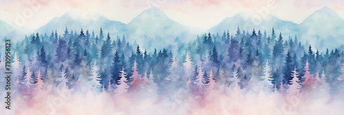 Seamless pattern with mountains and pine trees in blue, purple and pink colors. Hand drawn watercolor mountain landscape seamless border. For print, graphic design, postcard, wallpaper, wrapping paper photo
