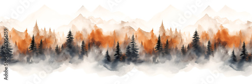 Seamless border with hand painted watercolor mountains and pine trees. Seamless pattern with panoramic landscape in orange and black colors. For print, graphic design, wallpaper, paper #710956159