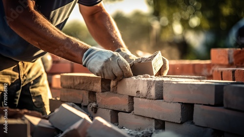 A worker who lays bricks is constructing a wall using bricks. photo