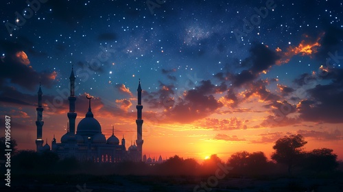 Silhouette of the mosque against the background of the night sky