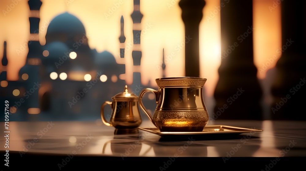 Teapot and cup of tea on the table in front of the mosque. Ramadan Kareem background - obrazy, fototapety, plakaty 