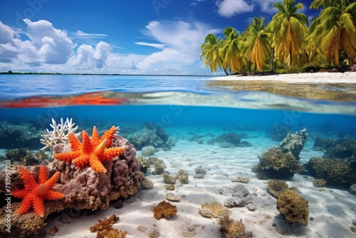 A coral beach with pristine, clear waters and a mosaic of vibrant corals, background wallpaper