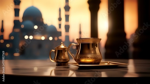 Teapot and cup of tea on the table in front of the mosque. Ramadan Kareem background photo