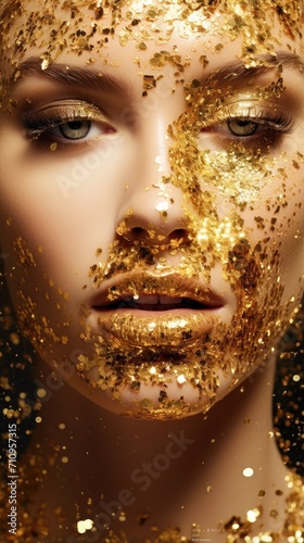 Beautiful woman with golden glitter makeup. Stunning young girl. Fashion and beauty concept.