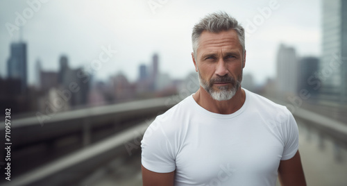 Mature man in blank white T-shirt stands on a blurred background of the city and skyscrapers with space for text.