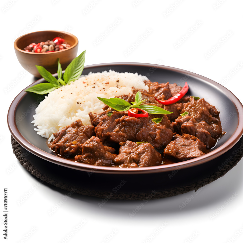 rendang and rice on a plate with vibrant color, isolated on white