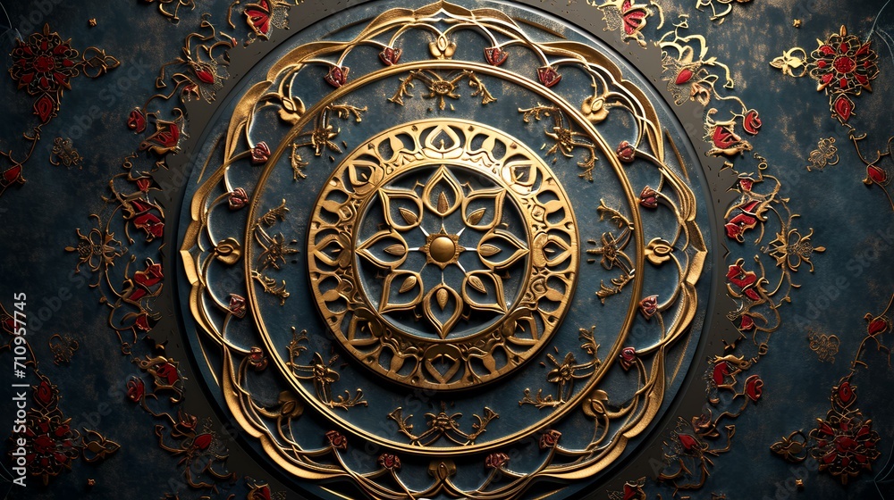 3D render of a decorative background with a golden pattern on it