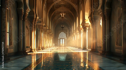 3d rendering of a mosque corridor with light coming from the ceiling