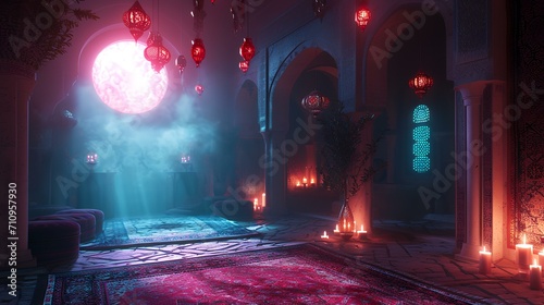 Foggy mosque interior with red lanterns. 3D rendering