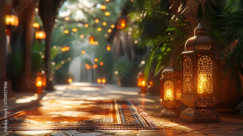 Arabic lanterns in the garden. Ramadan Kareem background.