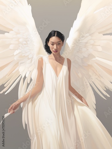 An Asian woman with angel wings