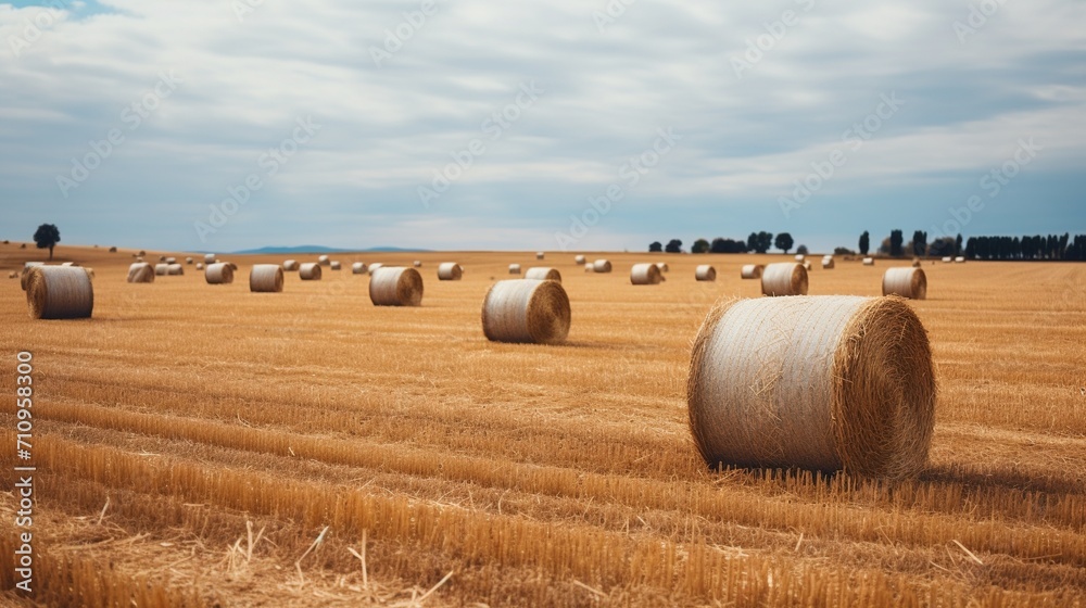 Field of hay bales under blue sky with clouds