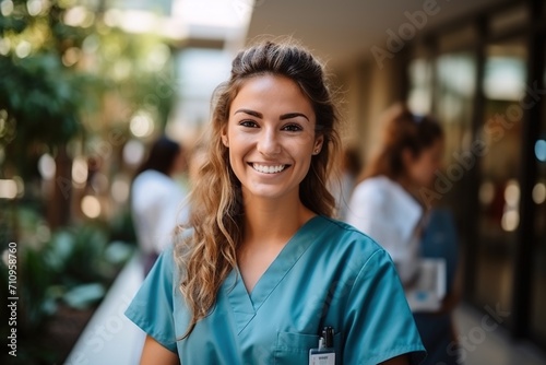 Portrait of a smiling young female nurse in a green uniform