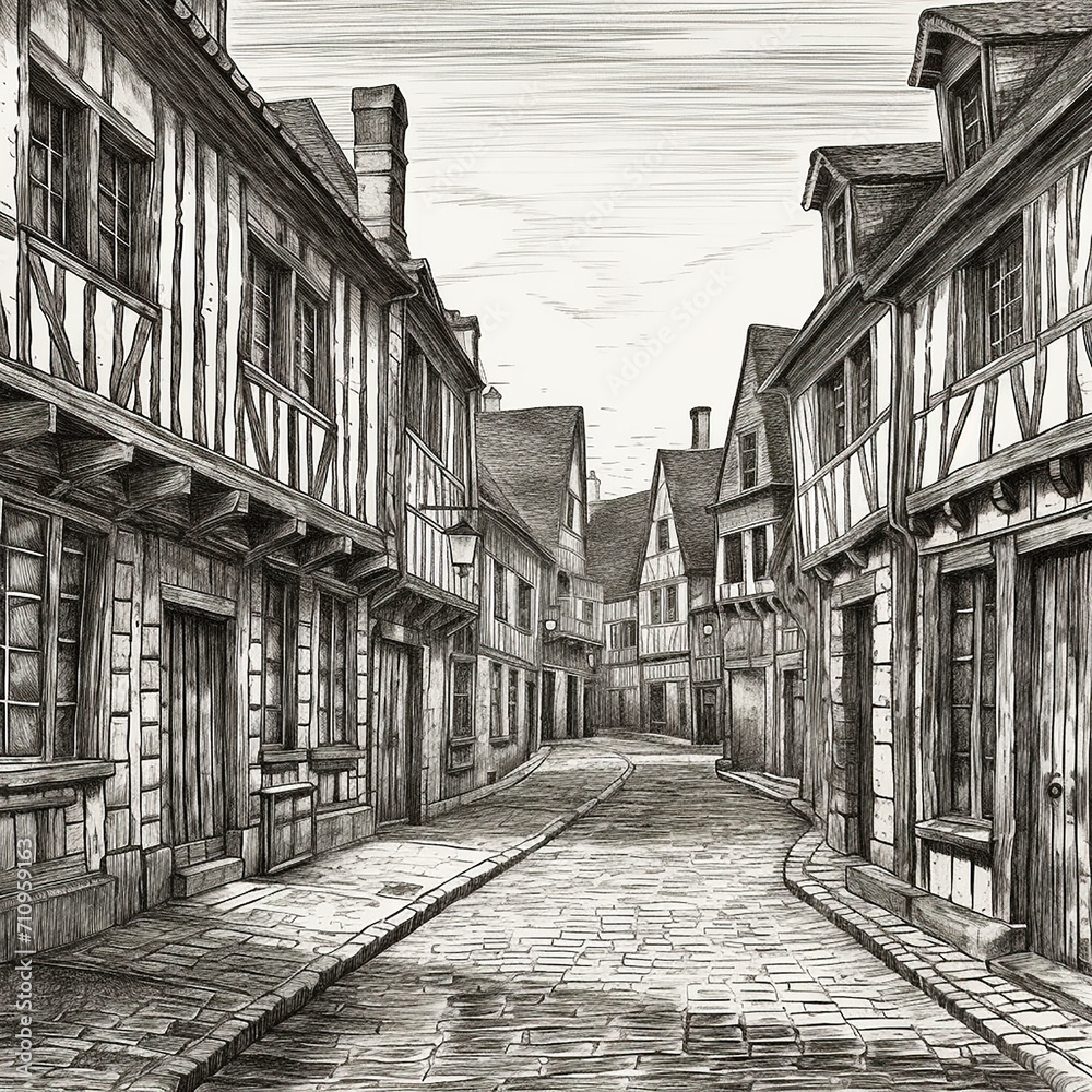 French medieval street, ancient houses, black and white drawing, retro style engravings French medieval street, ancient houses, black and white drawing, retro style engravings
