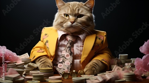 Foto A cat wearing a suit and tie sits at a table covered in money,