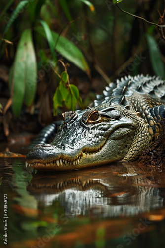 Closeup photo of a huge alligator crawling on the ground