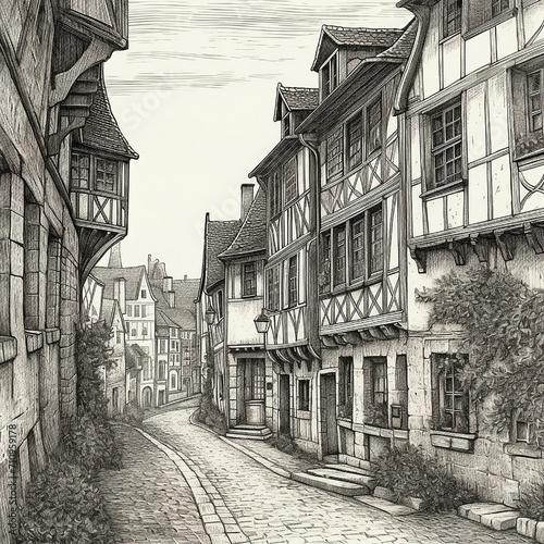 French medieval street, ancient houses, black and white drawing, retro style engravings