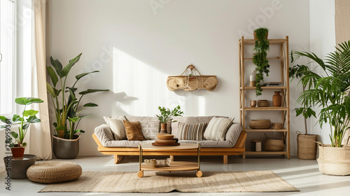Interior design of living room with brown wooden sofa. Generative Ai © Witri