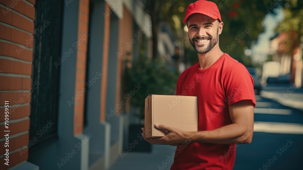 Smiling Man Postal Delivery Man Delivering A Package. Generative AI Smiling Man Postal Delivery Man Delivering A Package. Generative AI