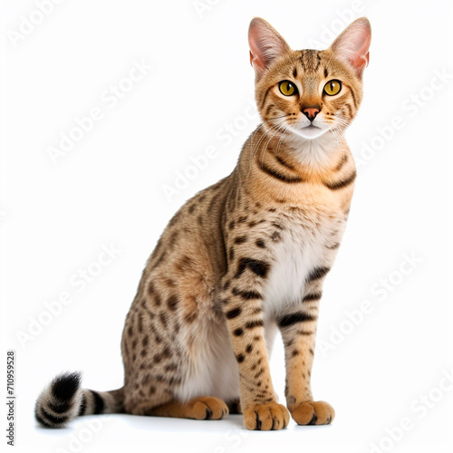 Savannah cat close up portrait isolated on white background. Cute pet, descendant of the african serval, loyal friend, good companion