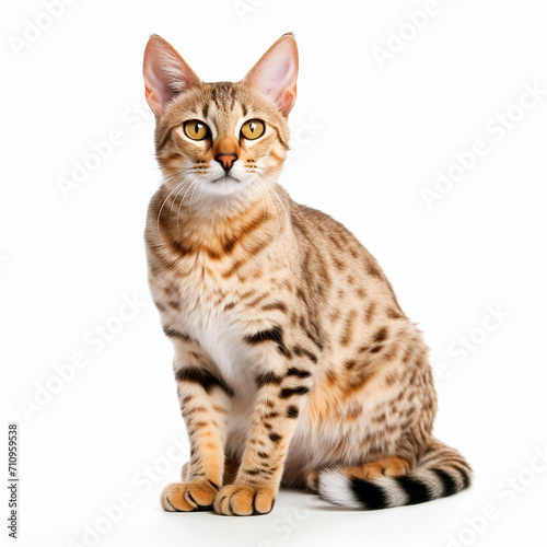 Savannah cat close up portrait isolated on white background. Cute pet, descendant of the african serval, loyal friend, good companion