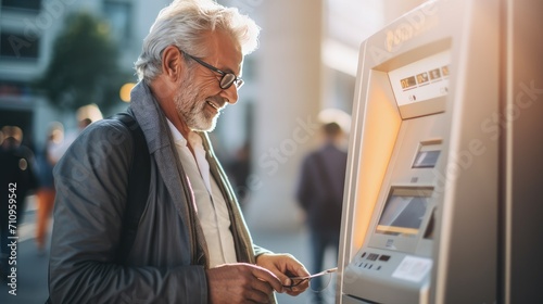 Senior Man Using An ATM To Make A Payment Or Transfer. Elderly People Adapting To Digitalization. Generative AI. photo