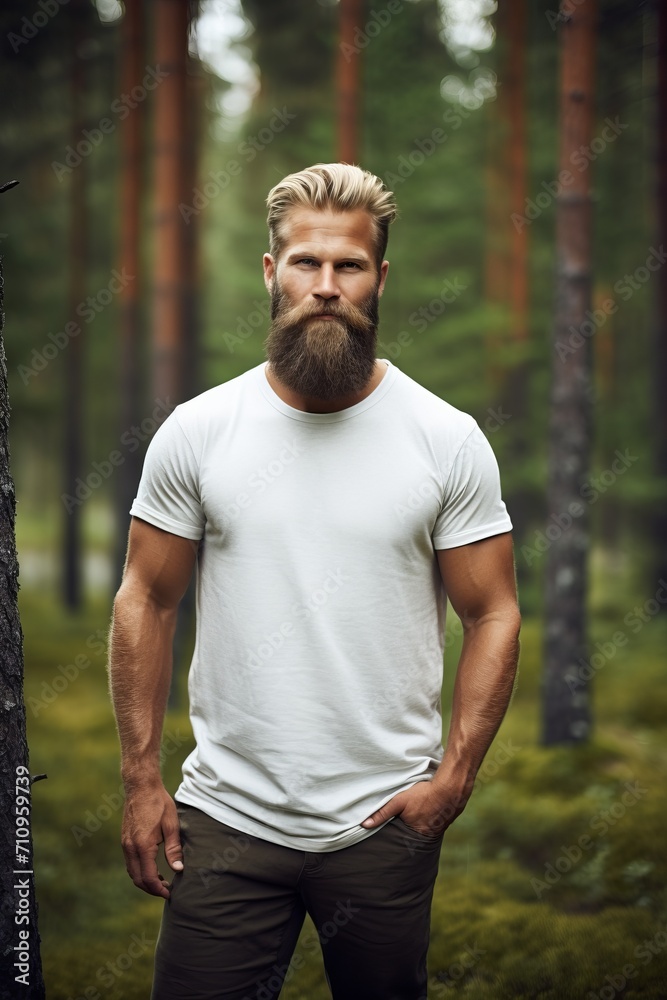 A handsome man with a beard of European appearance in a knitted plain T-shirt against a background of nature. A handsome man with a beard of European appearance in a knitted plain T-shirt against a background of nature.