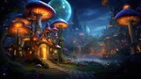 Enchanted fairy tale mushroom house in magical forest at night. Fantasy and imagination.
