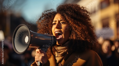 Young woman shouting into a megaphone at a protest