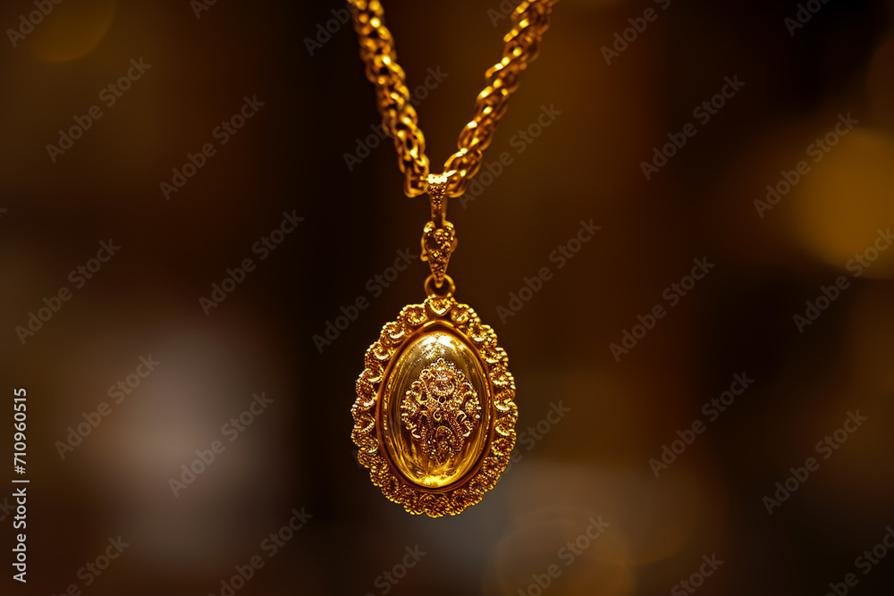 close-up of a gold necklace, with a pendant hanging from it close-up of a gold necklace, with a pendant hanging from it