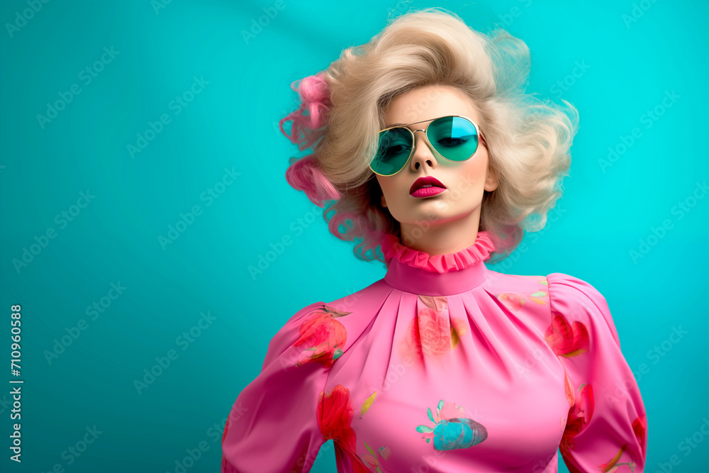 portrait of a stylish young girl model with colored hair in glasses and colorful bright clothes. Happy fashionable girl. portrait of a stylish young girl model with colored hair in glasses and colorful bright clothes. Happy fashionable girl.