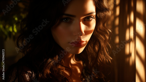 A young woman portrait in hard sun light from window with shadow. Sensual young woman close-up. Hard shadow trend.