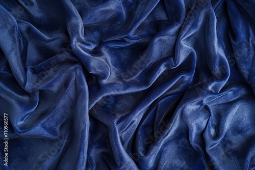 Draped velour background in dark blue. Bright expensive fabric texture close up.