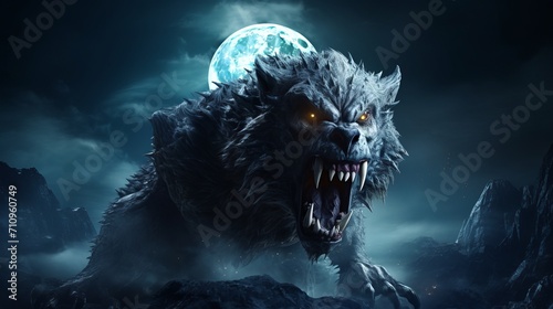 The moon background is complemented by the huge head of a beast that looks like a werewolf.