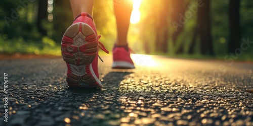 Female runner's shoes on an asphalt road, sunny morning photo