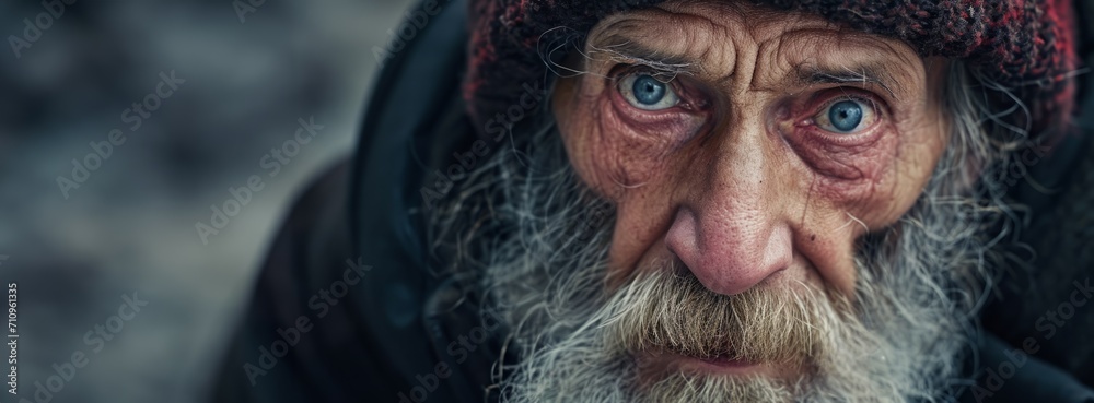 homeless elderly man with beard close-up portrait Generative AI - obrazy, fototapety, plakaty 