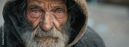 homeless elderly man with beard close-up portrait Generative AI photo