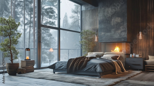Scandinavian Bedroom In A Luxurious Cottage House. Generative AI photo