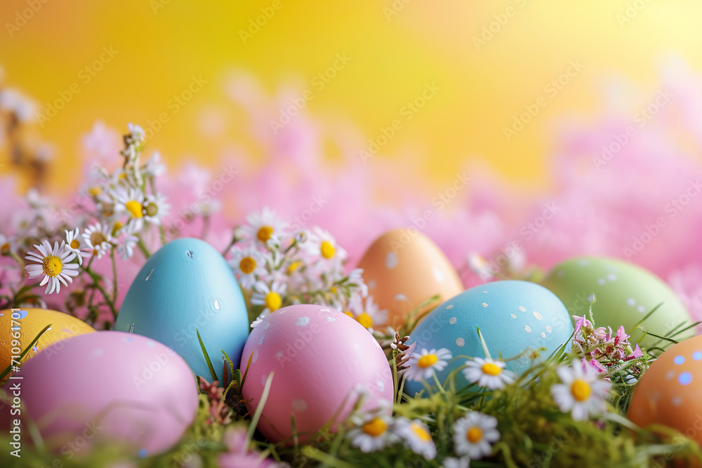 Easter eggs in grass. Easter card, banner with copy space