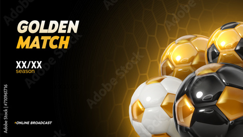 Football championship with golden balls vector banner. Soccer league match game layout template on orange background. Sport advertising poster.