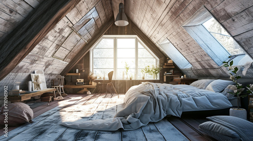 Scandinavian Style Attic Bedroom Interior, Cozy interior in the attic . Generative AI