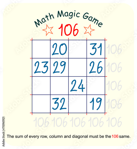 Magic math game. (Magic square)  Recreational mathematics and educational series vector illustration.
