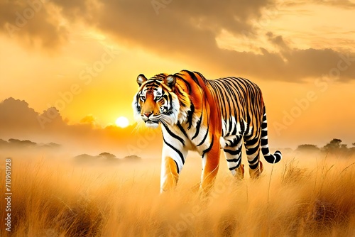 A majestic tiger, bathed in a golden glow