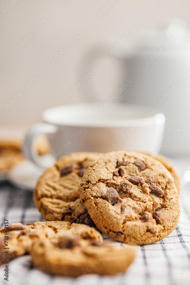Sweet chocolate cookies on checkered napkin. Sweet chocolate cookies on checkered napkin.