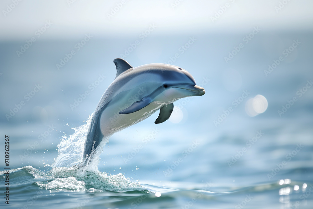 Fototapeta premium Capturing the elegance of a dolphin jumping out of the water in the ocean. one of jumping dolphins,beautiful seascape with deep ocean waters and cloudscape.