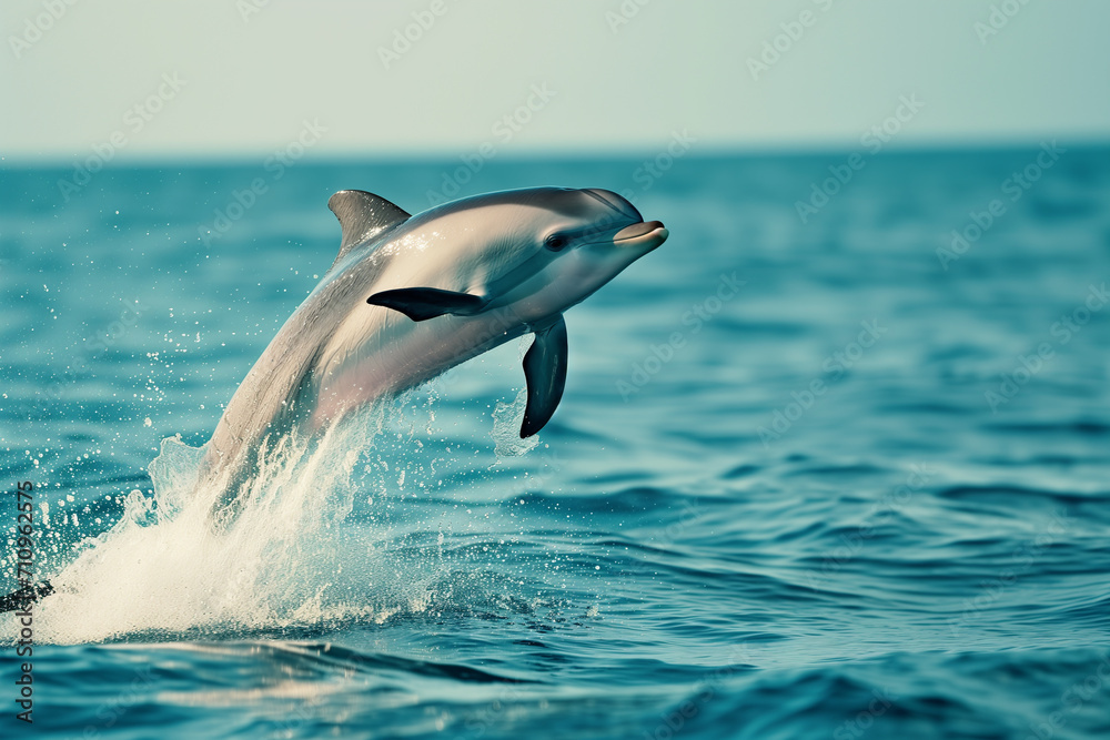 Fototapeta premium Capturing the elegance of a dolphin jumping out of the water in the ocean. one of jumping dolphins,beautiful seascape with deep ocean waters and cloudscape.